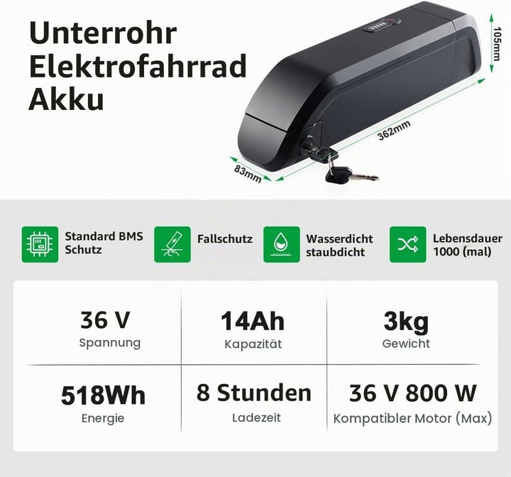YOSE POWER Ebike Akku 36V 11.6Ah/14Ah SF-06 Batterie für 36V 250W / 350W /500W /800W Motor passt auf