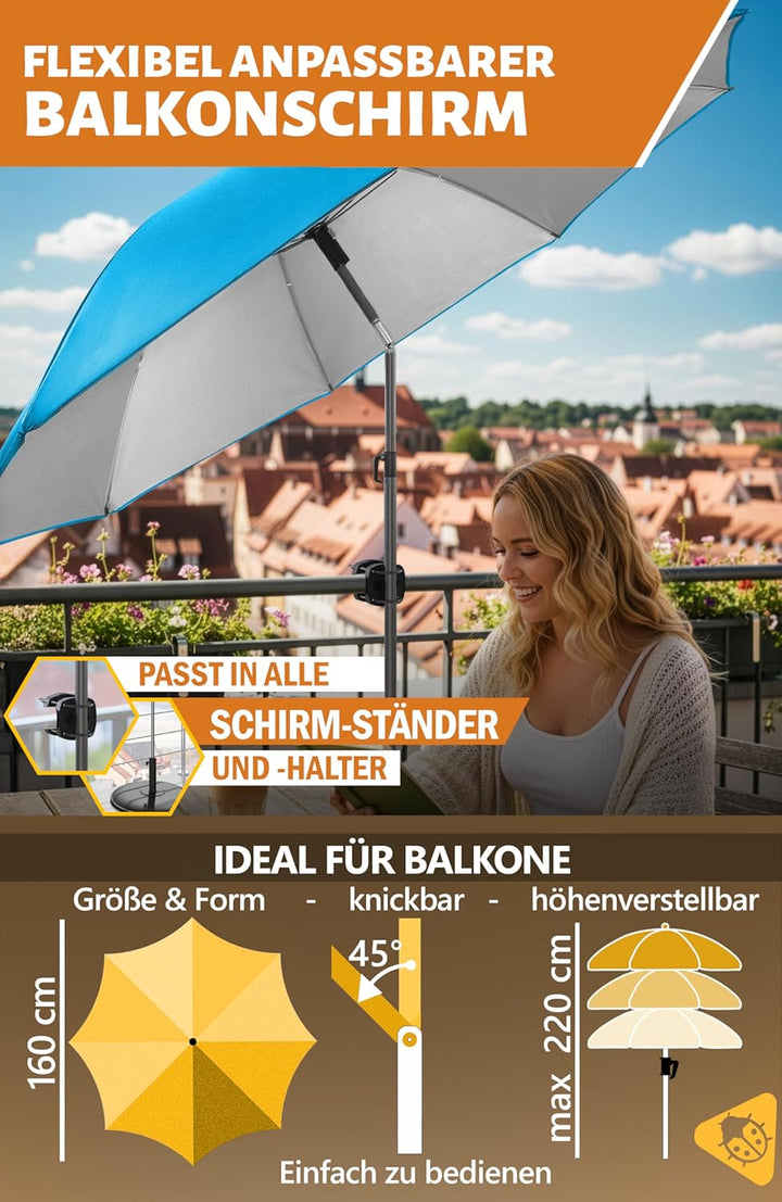 4smile Sonnenschirm Balkon 3-in-1 SET SunnyJoy, Blau - UPF 50+ Sonnenschirm Ø 160 cm + Sonnenschirmh