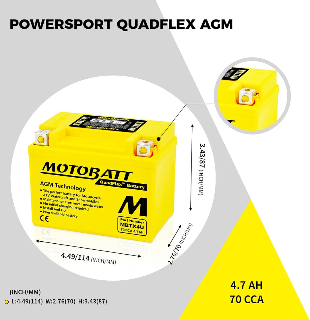 MotoBatt MBTX4U QuadFlex AGM-Batterie, 12 V, 4,7 A, 70 CCA, 12.6 x 8 x 12.1 cm