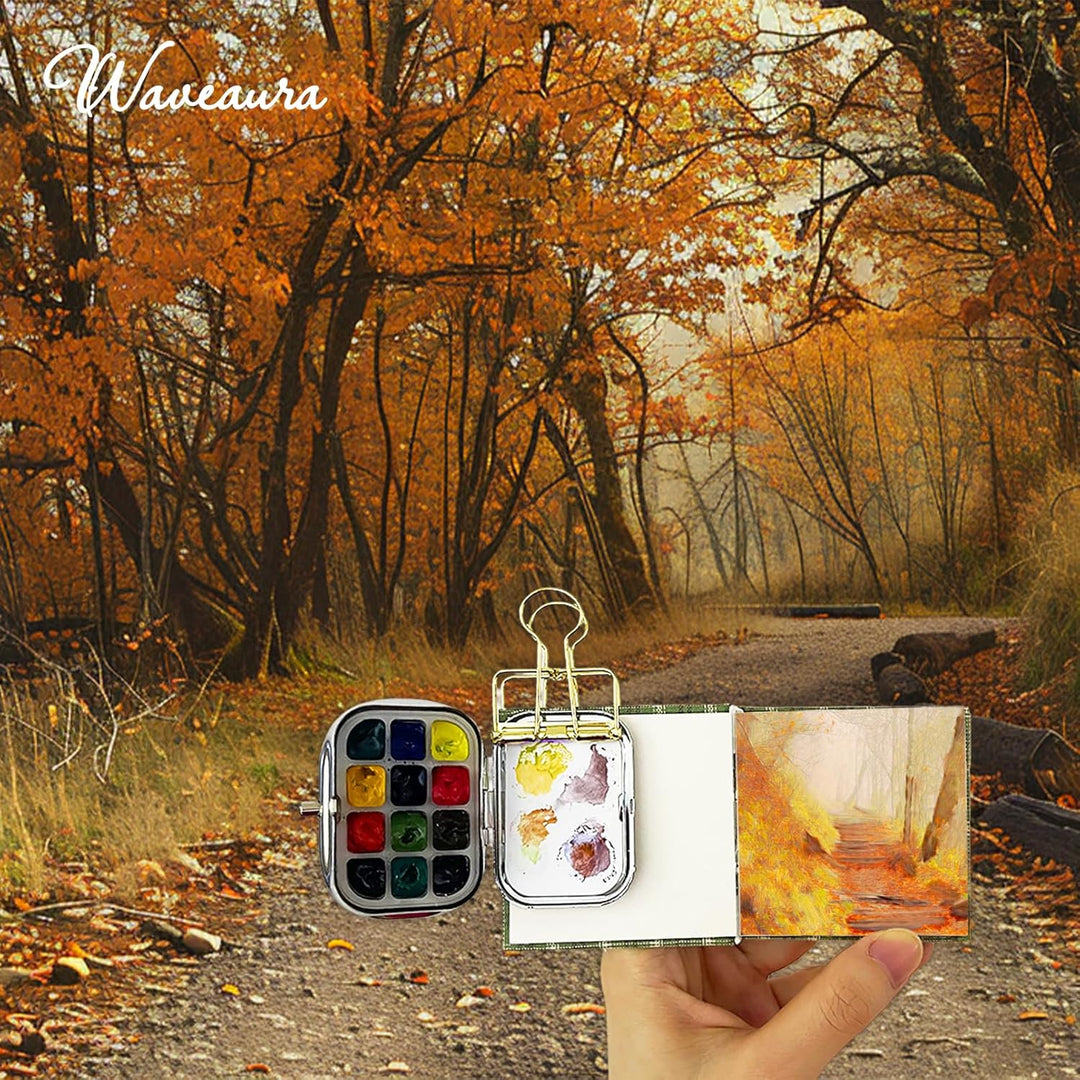 Mini Aquarell Set Unterwegs 12er Leerpalette, 6x6 cm Mini Skizzenbuch 300g/m², Wassertankpinsel & Me
