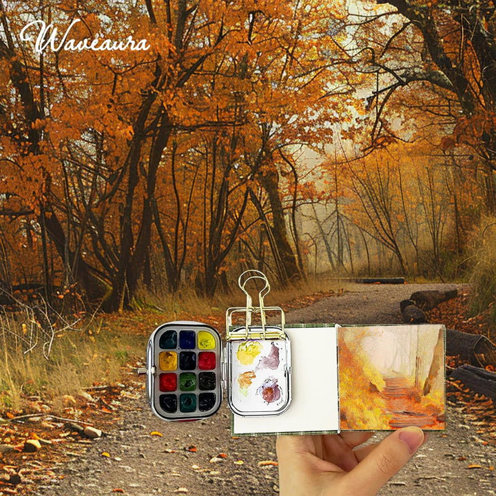 Mini Aquarell Set Unterwegs 12er Leerpalette, 6x6 cm Mini Skizzenbuch 300g/m², Wassertankpinsel & Me
