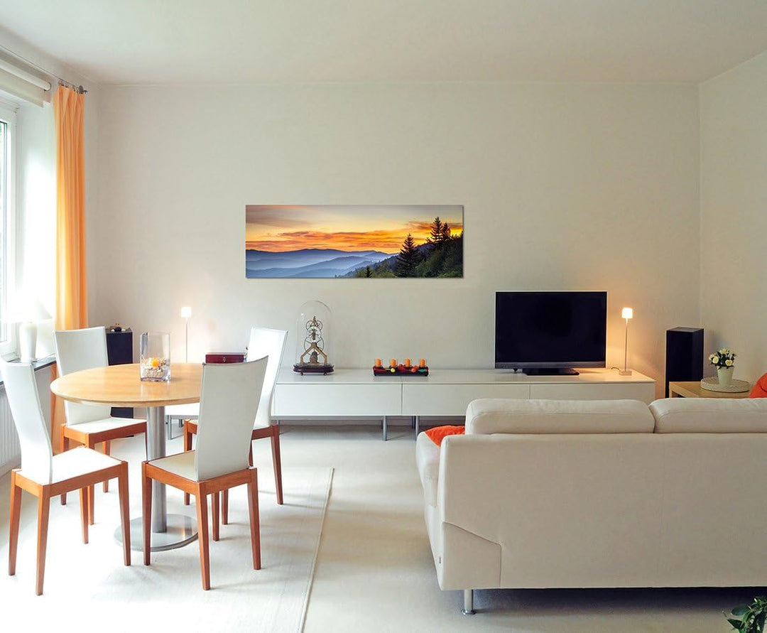 Paul Sinus Art Panoramabild auf Leinwand und Keilrahmen 150x50cm Landschaft Berge Wald Sonnenaufgang