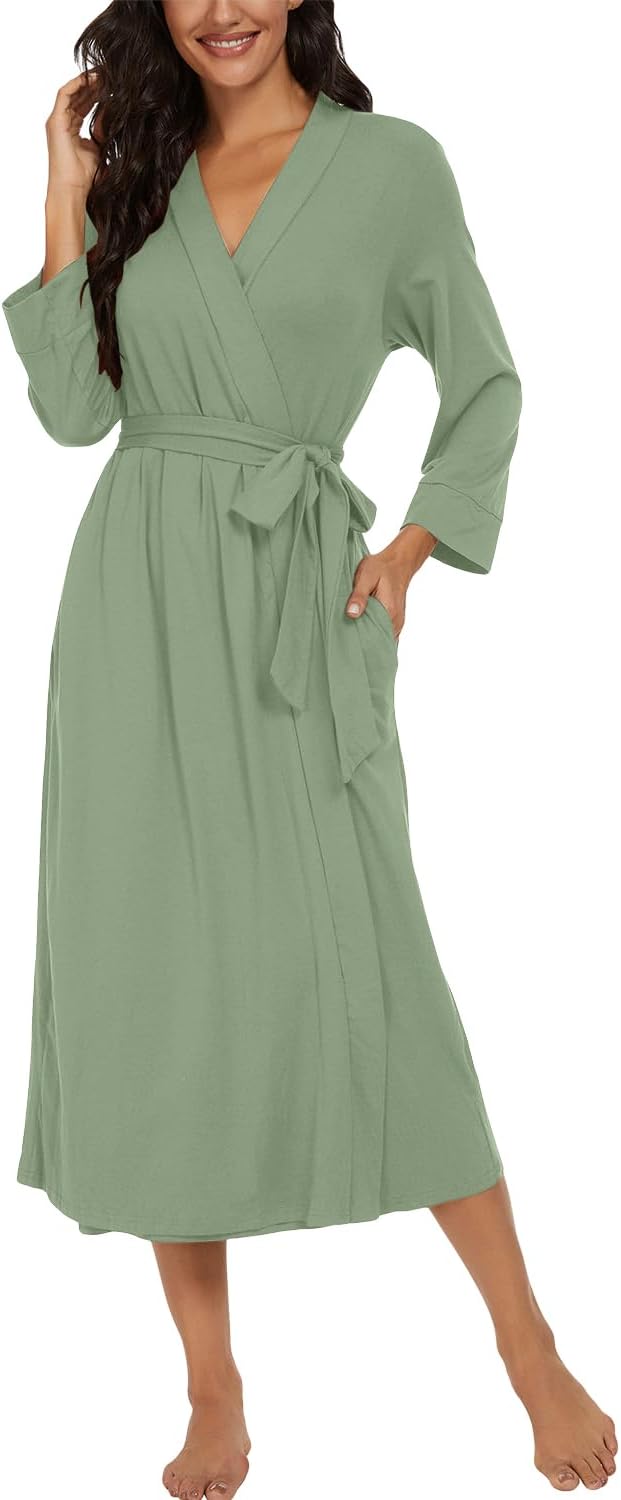 PrinStory Damen Bademantel Leichter 3/4 Ärmeln Morgenmantel V-Ausschnitt Kimono Roben Langes Nachtwä