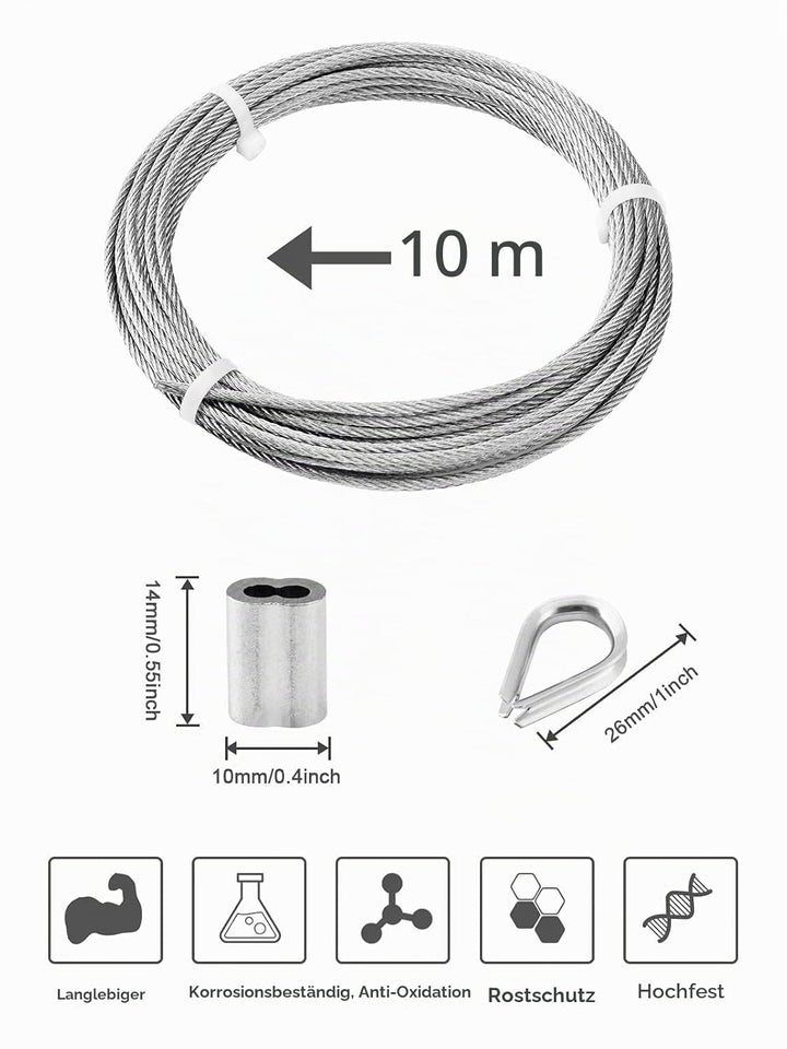 TooTaci 3mm Edelstahl Drahtseil 10M - Stahlseil mit M3 Drahtseilkausche & Aluminium-Crimphülsen – Id