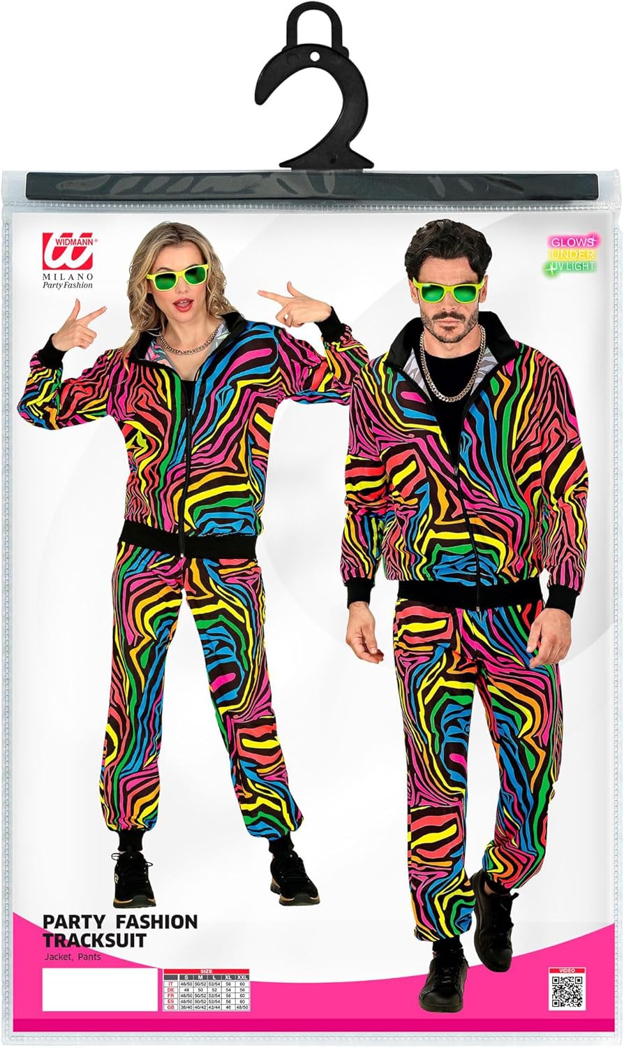 Widmann Trainingsanzug Neon Regenbogen für Erwachsene | Mehrfarbig - Jogginganzug 80er Jahre S Regen