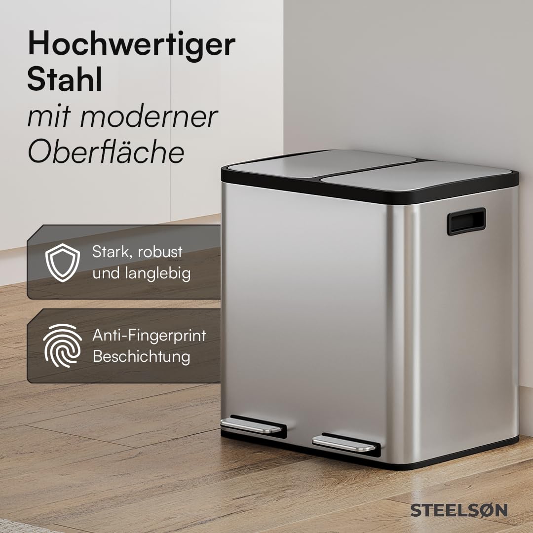 STEELSØN Epsilon Mülleimer 2 Fächer – Mülltrennsystem Küche 2x15L aus Edelstahl Silber – Tretmülleim