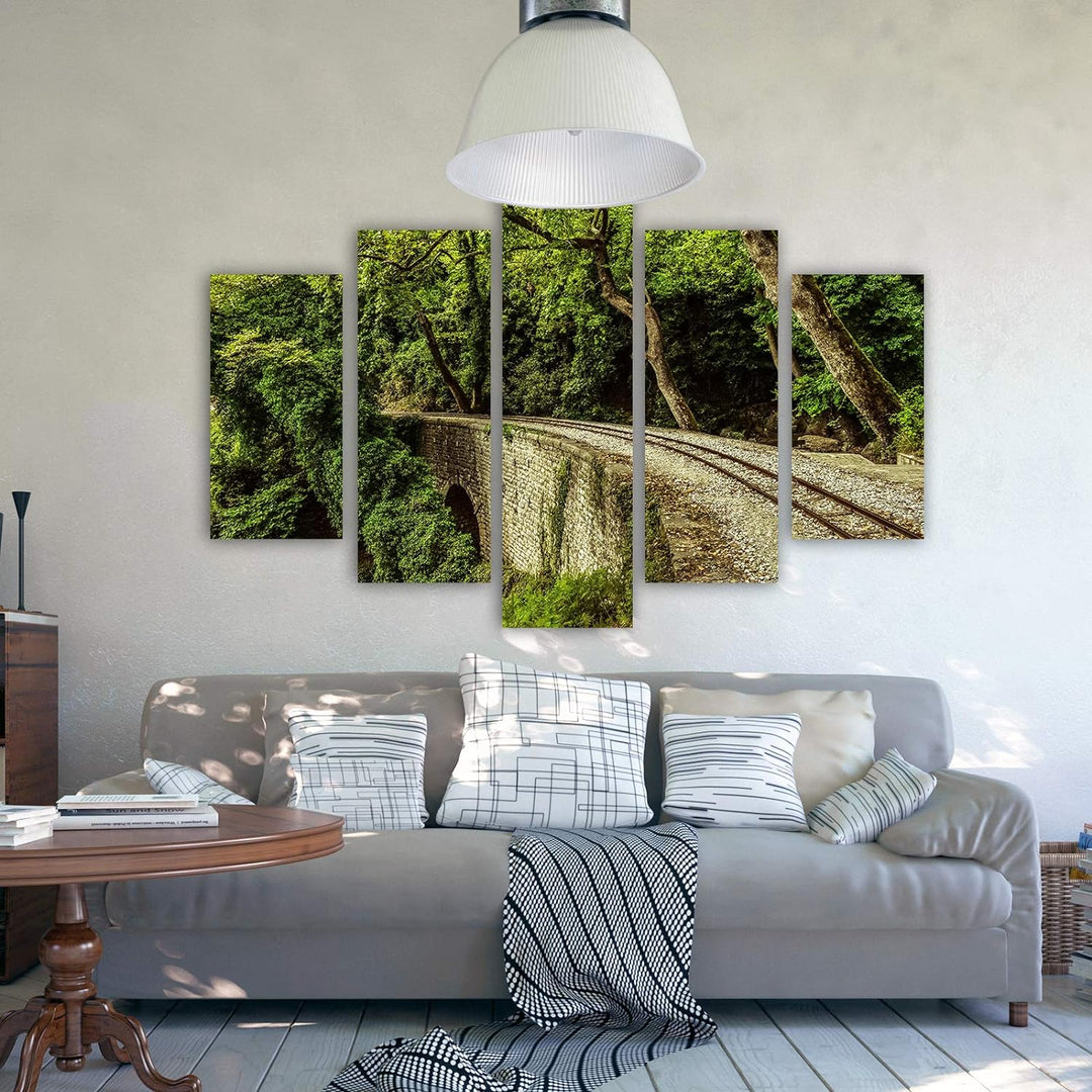 Feeby Bild auf Leinwand Landschaft 5 Teilig Modern Natur Bäume Gleise grün 200x100 cm Leinwandbild 2