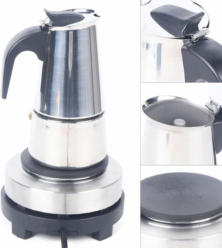 Fermoirper Elektrisch Espressokocher Edelstahl 200ML,Espressokocher, 4 Tassen Mokkakanne mit Heizpla