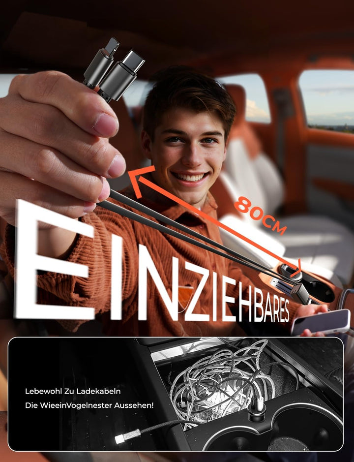 LISEN 69W Einziehbares Zigarettenanzünder USB C Schnellladegerät Ladegerät Auto Retractable ladekabe