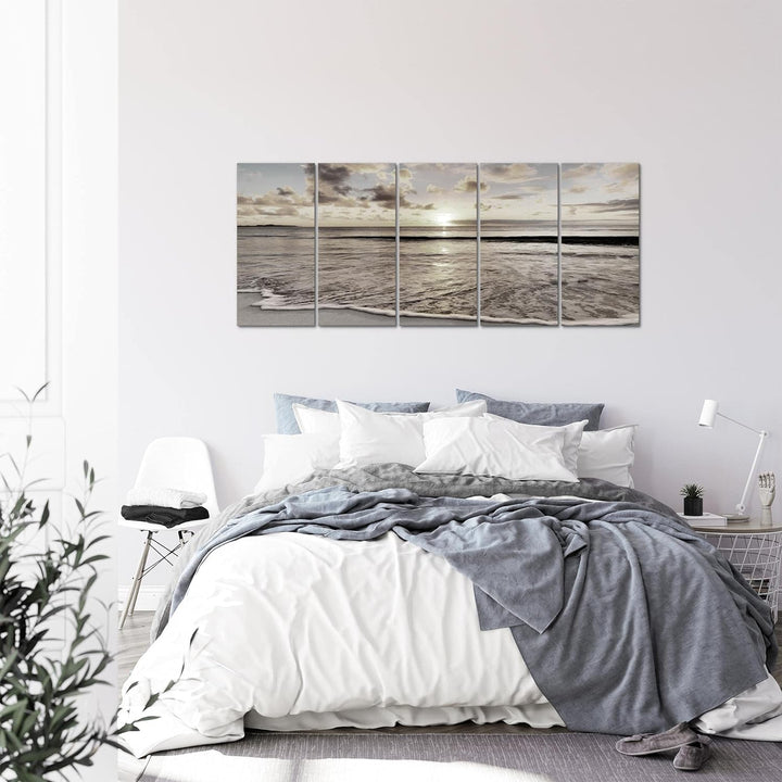 Runa Art Wandbild XXL Sonnenuntergang Strand Schlafzimmer Wohnzimmer 200 x 80 cm Schwarz Weiss 5 Tei