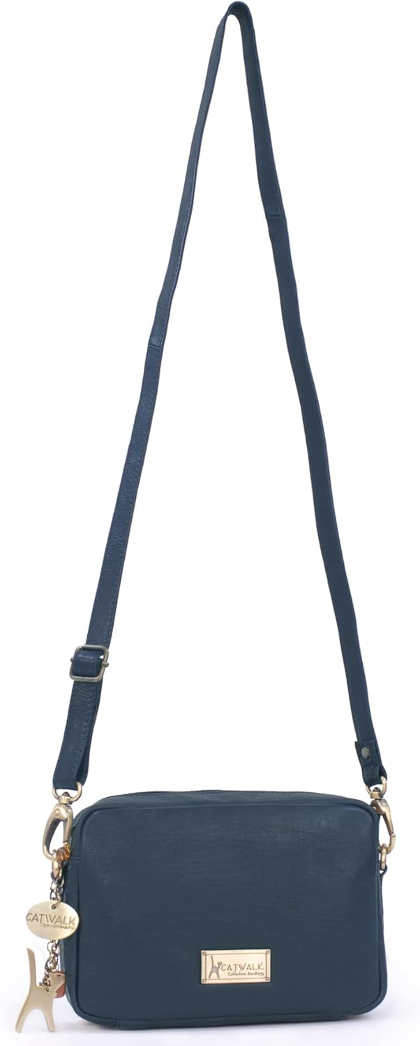Catwalk Collection Handbags - Leder - Klein Umhängetasche Messenger/Schultertasche - POLLY Blau, Bla