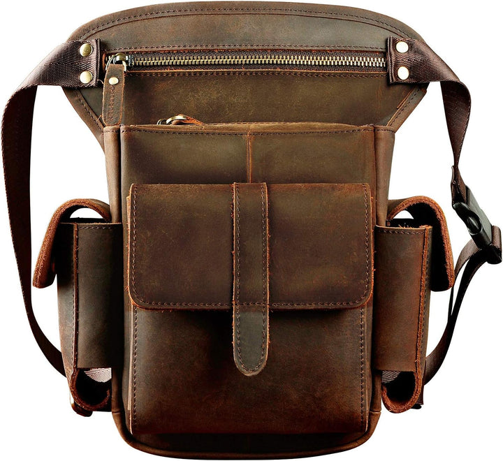 Le'aokuu Herren Echtes Leder Hüfttasche Gürteltasche Bauchtasche Reissverschluss Motorrad Messenger
