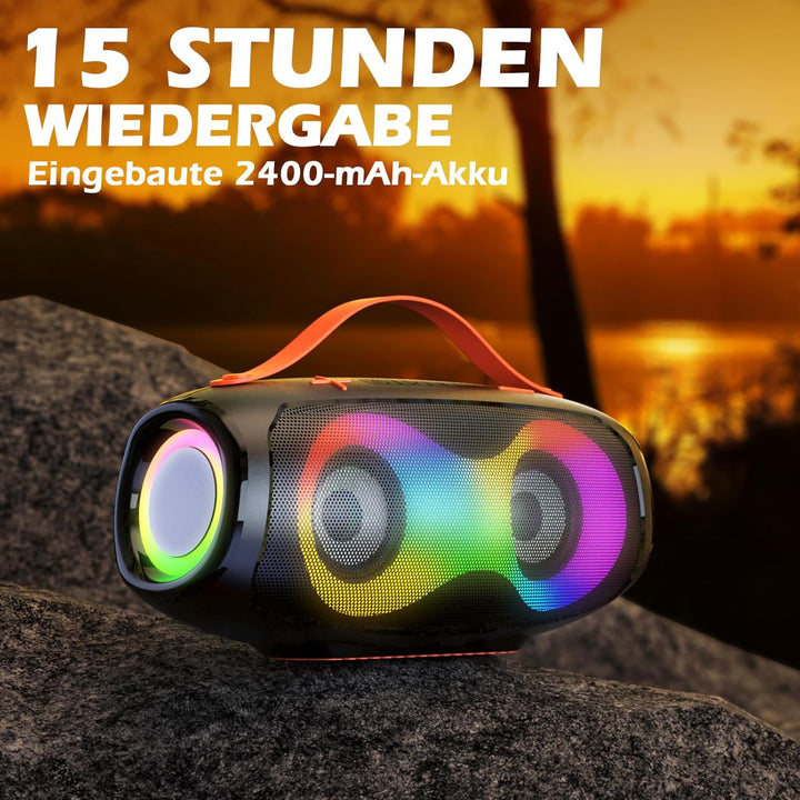 Bluetooth-Lautsprecher, tragbarer kabelloser Aussenlautsprecher mit LED-Licht, True Wireless Stereo,