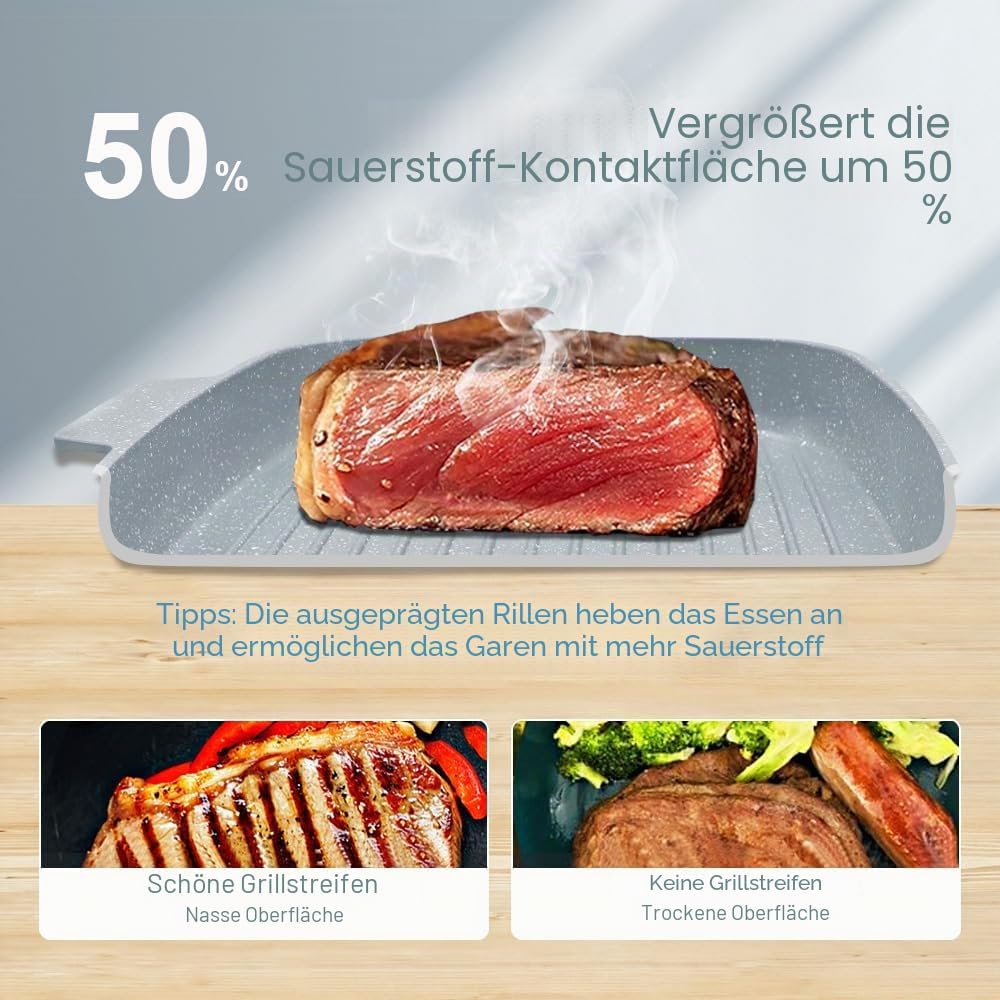 Grillpfanne mit Deckel 26 x 24 cm, Antihaft Keramikbeschichtung, Grill Pfanne mit Abnehmbarer Griff