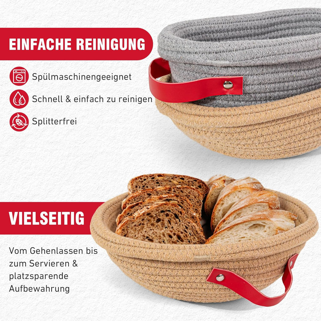 Gärkörbchen- Sauerteig Brot Gärkorb Set – 23 cm Rund & 26 cm Oval mit Bezug & Deckel | Natursauertei