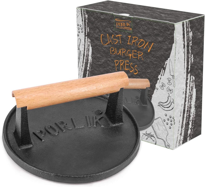 porlik Burgerpresse Gusseisen,Gro?er Burger Smasher (17.7cm) mit hitzeabweisendem Griff,Burger Press