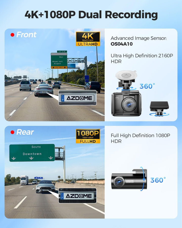AZDOME 4K Autokamera mit Rückfahrkamera 5Ghz WiFi GPS Dashcam Auto Vorne Hinten mit Parküberwachung
