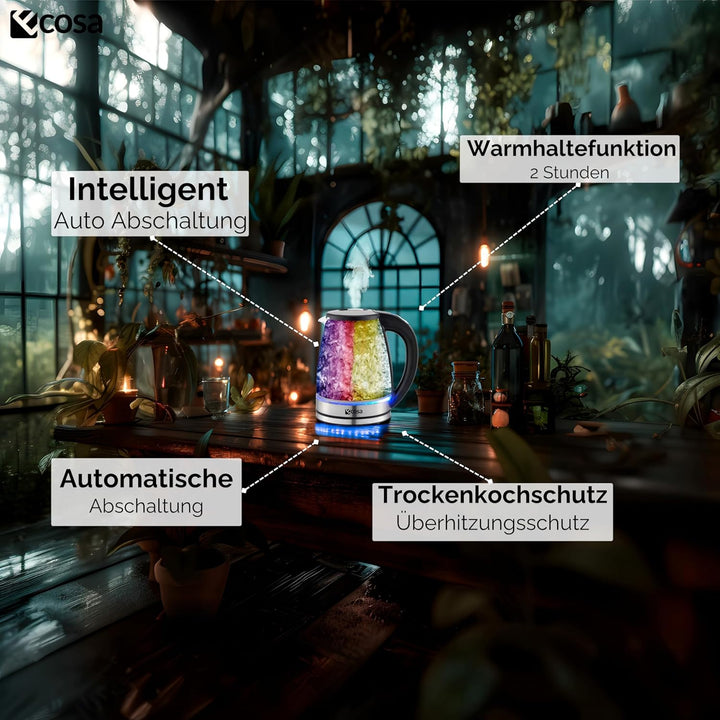 Ecosa® Wasserkocher mit temperatureinstellung Glas Edelstahl - 1,8 Liter 2.200 Watt - BPA Frei mit T