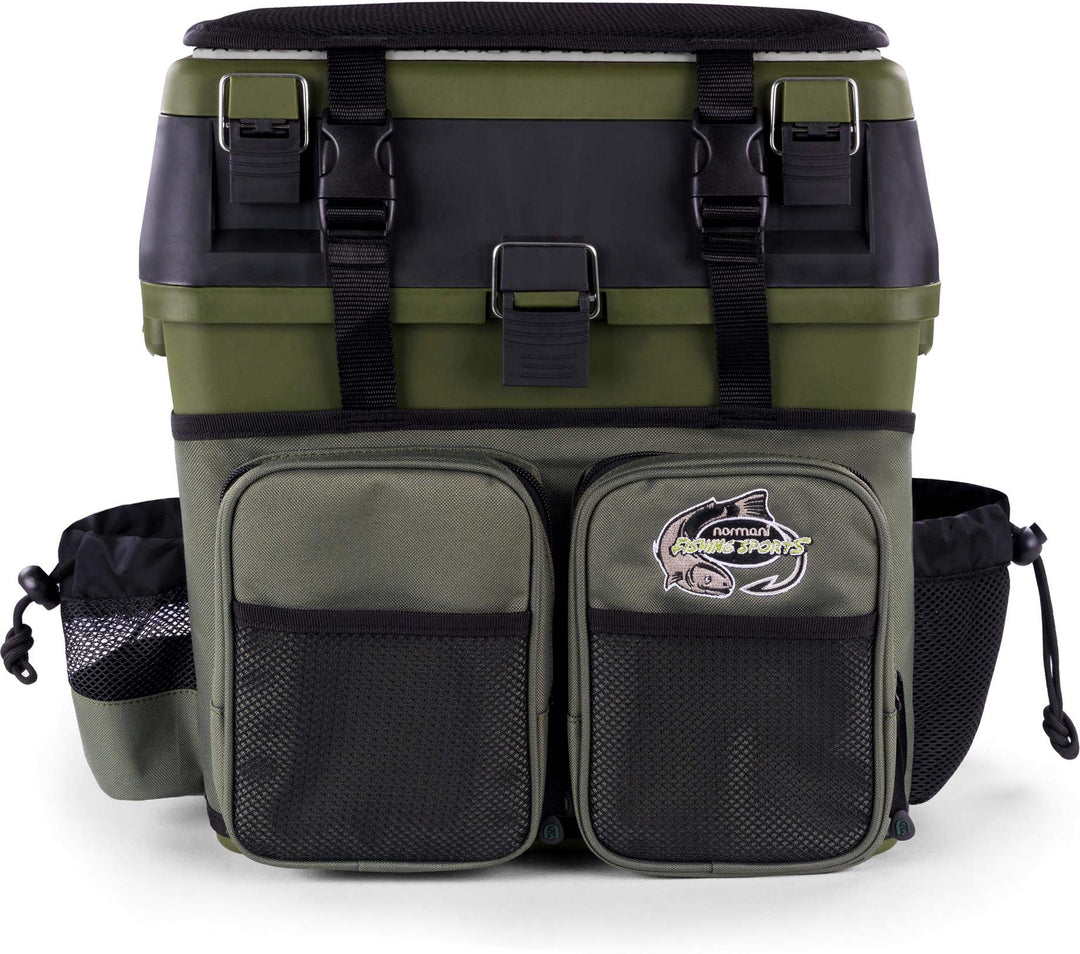 Angelkoffer Angelbox Angeltasche gepolsterte Sitzkiepe Sitzfunktion Gerätekasten mit Rucksackfunktio