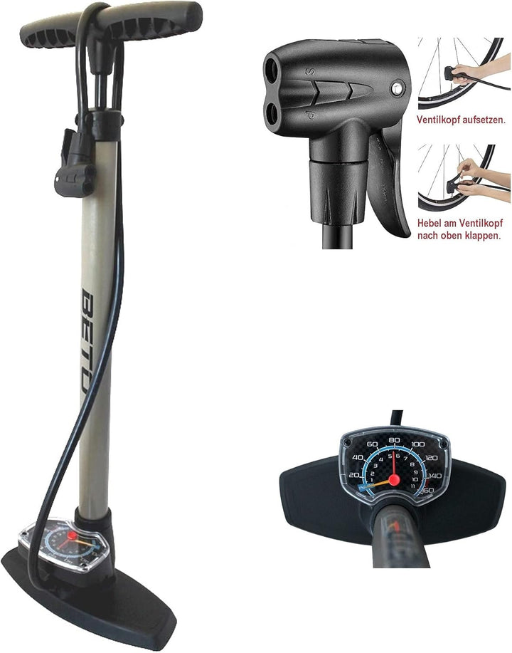 P4B | Luftpumpe in Titanium mit grossem Manometer | Fahrradpumpe für alle Ventile - Dunlop Ventil, F