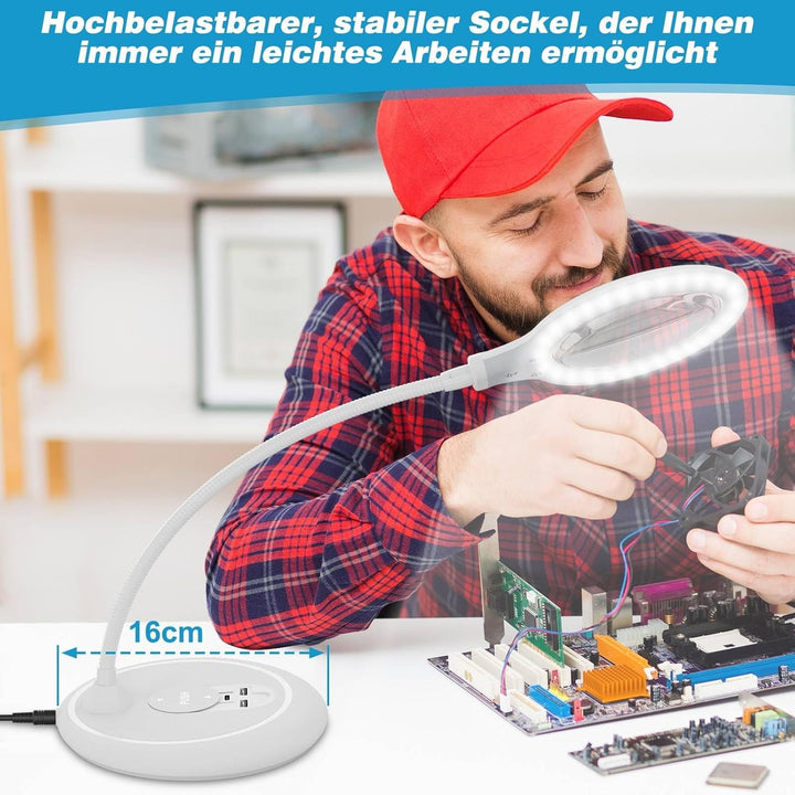 Lupe mit Licht 5-Fache, Dimmbare Lupenlampe mit Licht und Ständer für senioren gross Lupenleuchte, L