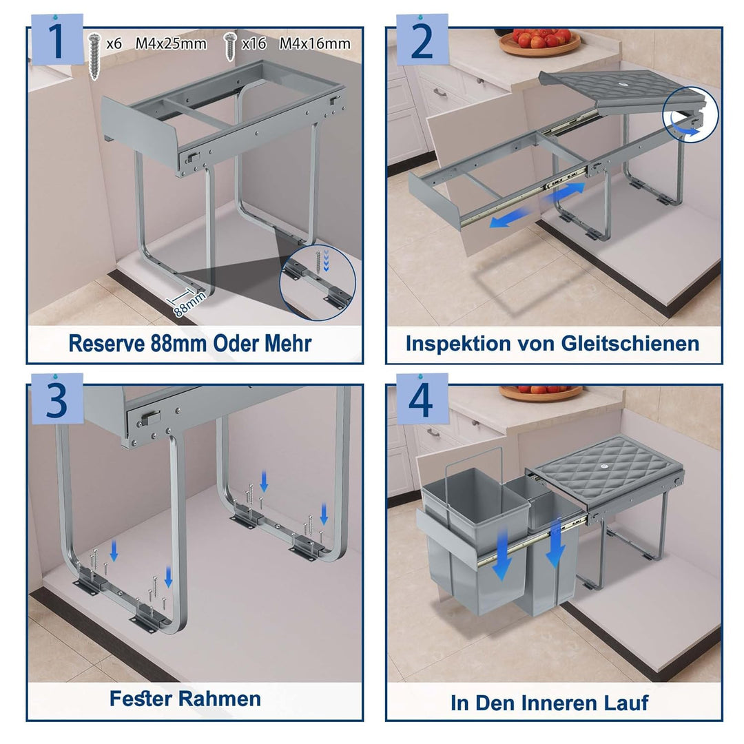 VA-Cerulean 3 Fächer Einbaumülleimer System 2x10+20 Liter, Abfallsammler Ausziehbarer Mülleimer mit