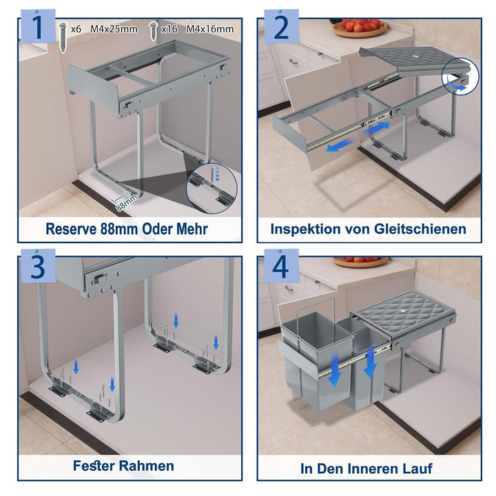 VA-Cerulean 3 Fächer Einbaumülleimer System 2x10+20 Liter, Abfallsammler Ausziehbarer Mülleimer mit