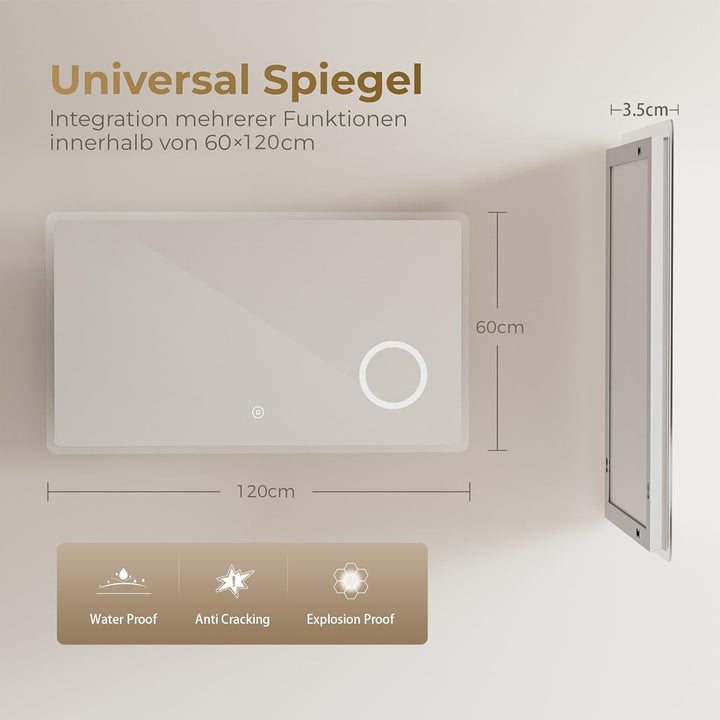 Heilmetz Badspiegel mit Beleuchtung LED 120x60cm, Badezimmerspiegel mit Beleuchtung+3X Vergrösserung