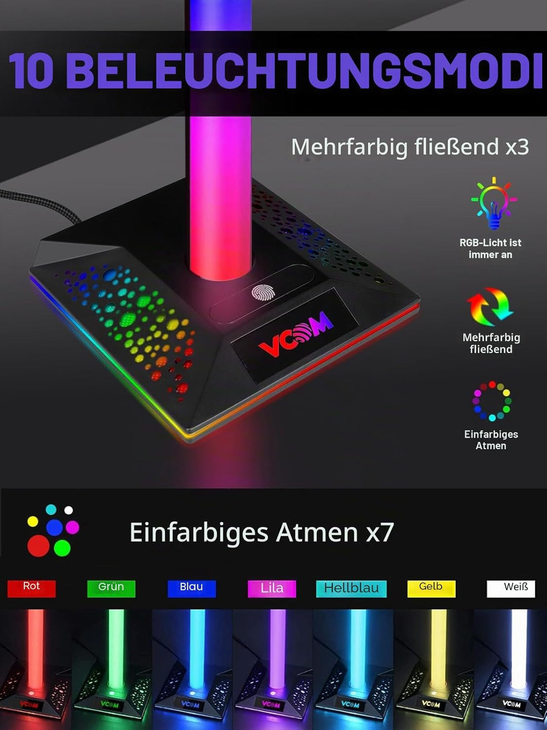 VCOM RGB Gaming Kopfhörer Ständer mit 10-Licht Modi, Controller Halter mit 2 USB Ports, PC Gaming Zu