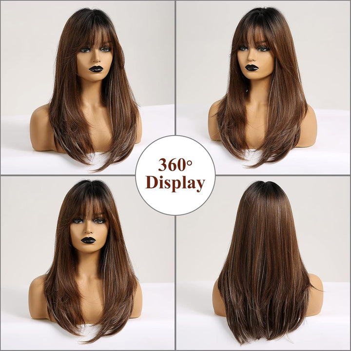 HAIRCUBE Lange Braune Perücken für Damen, Synthetische Perücken mit Pony Hitzebeständige Perücken Sc