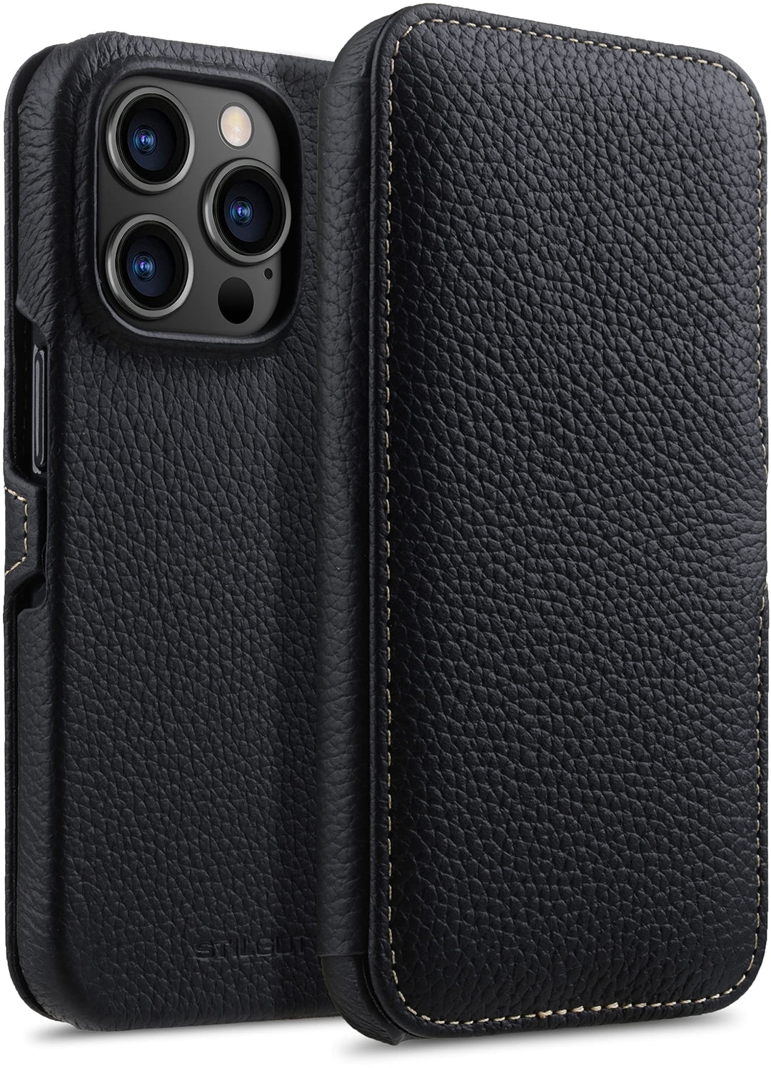 STILGUT Book Case kompatibel mit iPhone 14 Pro (6.1“) Hülle aus Leder mit Clip-Verschluss, Klapphüll
