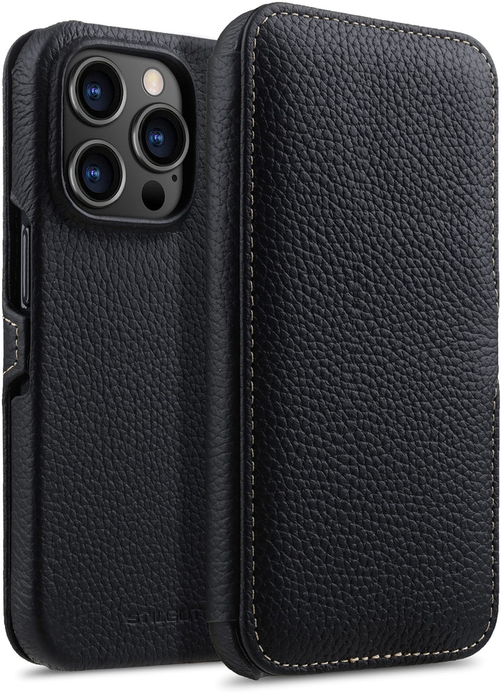 STILGUT Book Case kompatibel mit iPhone 14 Pro (6.1“) Hülle aus Leder mit Clip-Verschluss, Klapphüll