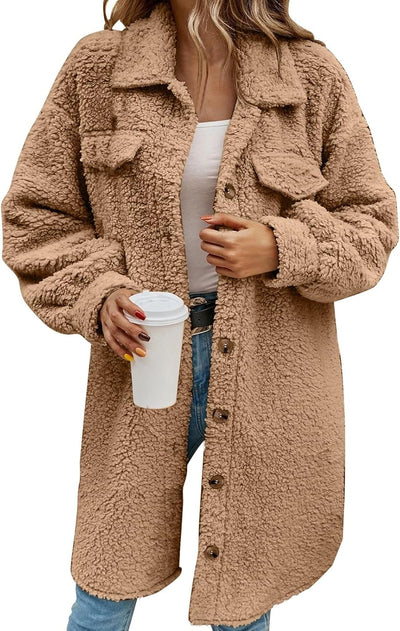 Fleecemantel Damen Lang -Wintermantel Dame Elegant Trenchcoat Winter Teddy-Fleece Mantel Warm Lange