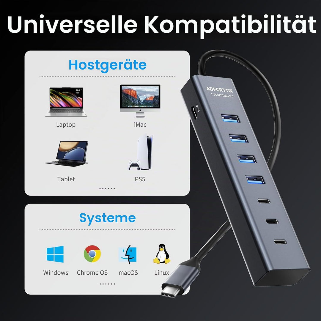 USB C auf USB Adapter, Aluminium USB C Hub 5Gbps Mit 4 USB-A & 3 USB-C Port, USB C Verteiler Mehrfac