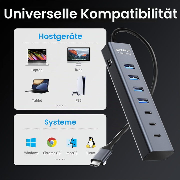USB C auf USB Adapter, Aluminium USB C Hub 5Gbps Mit 4 USB-A & 3 USB-C Port, USB C Verteiler Mehrfac