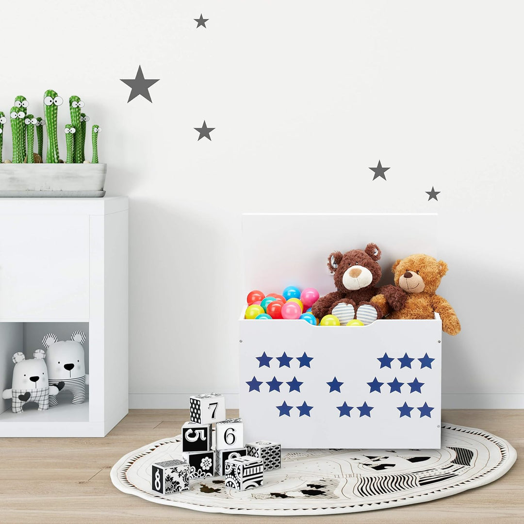 Relaxdays, weiss/blau Spielzeugtruhe mit Deckel, Aufbewahrung für Kinder, Stern Design, Spielzeugkis