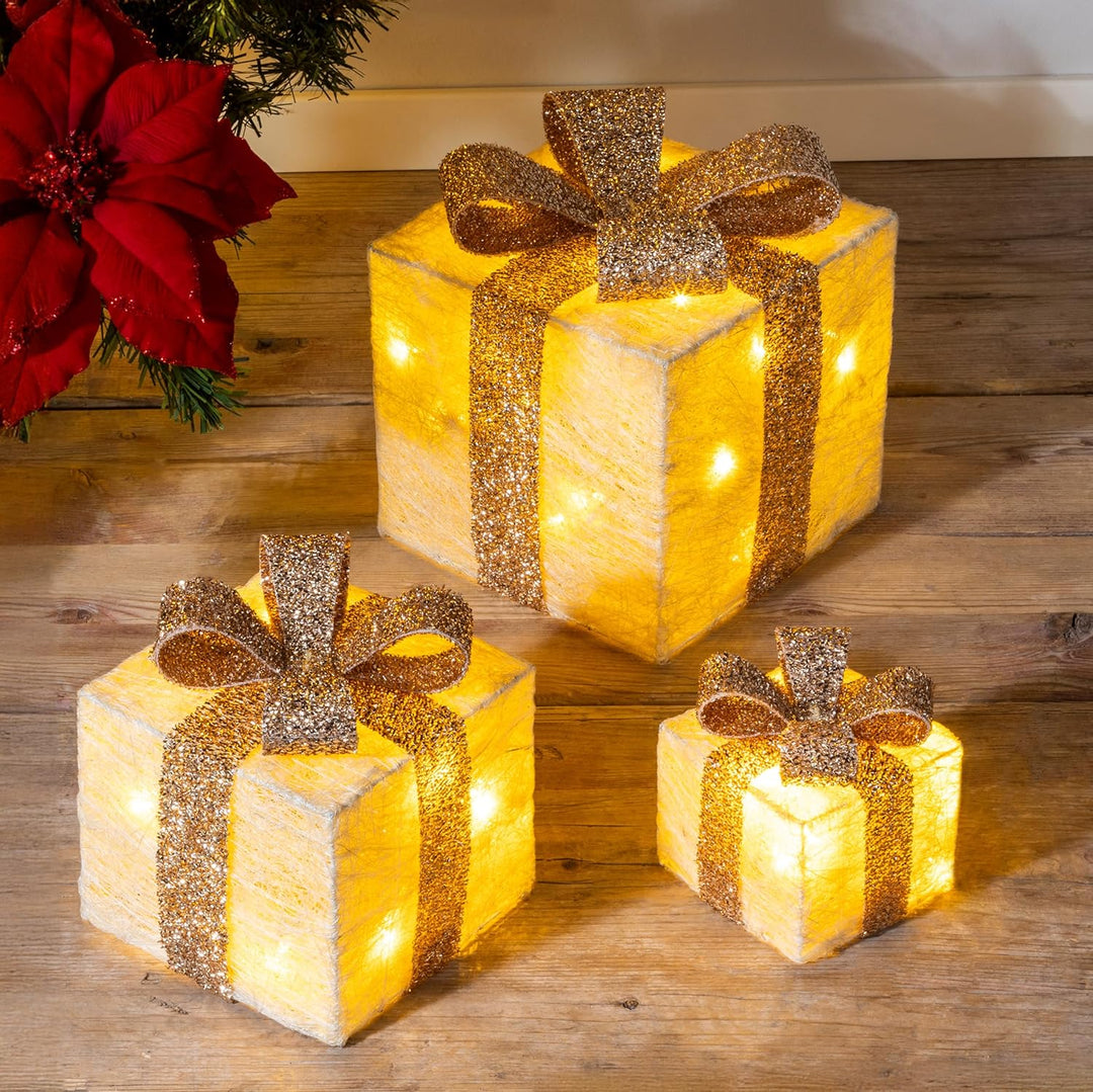 LED Geschenkboxen mit Timer 3er Set - Creme - Weihnachts Dekoboxen warm weiss beleuchtet - Weihnacht