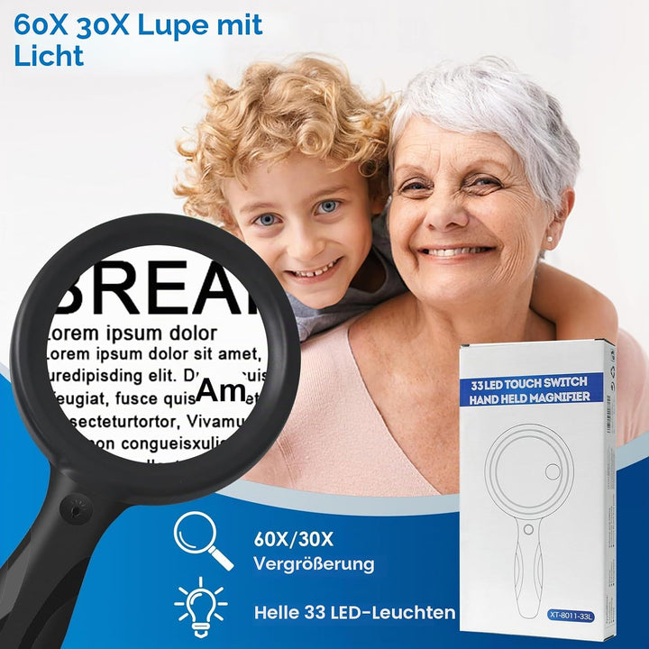 Lupe mit Licht, 60 Fach 30 Fach 33 LED Handlupe 30X Leselupe mit Licht, USB-Aufladung Lupe 3 Modi Le