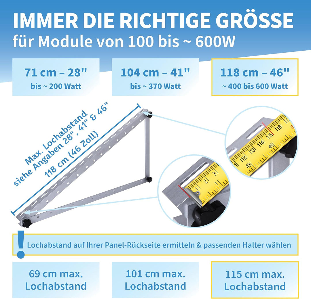 Solarmodul Halterung Alu 118 cm 46“ 2er Set 1 Paar - bis 600W - 0-90° Winkel einstellbar Montage &amp; B