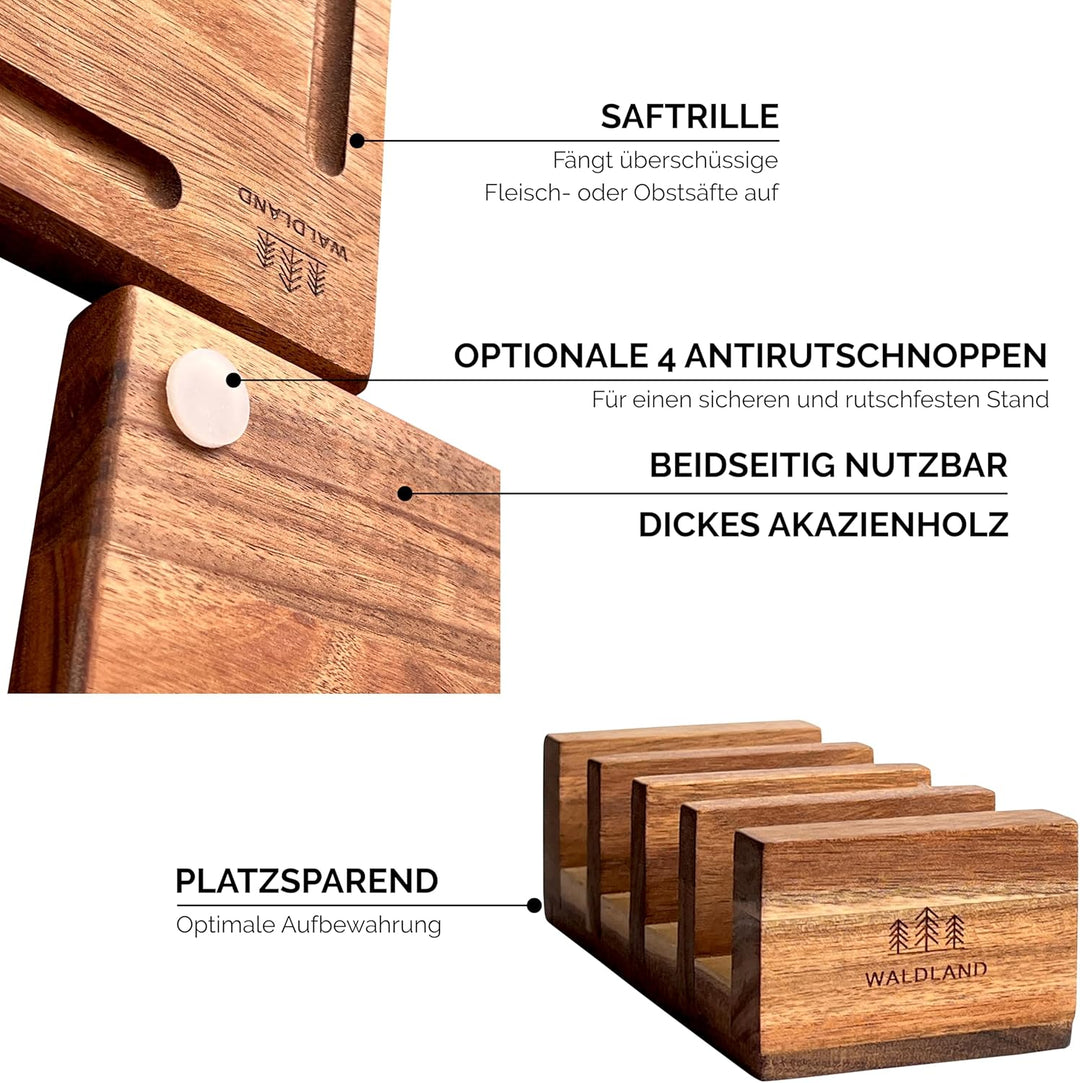 WALDLAND Premium Schneidebrett Holz 4er Set (40x30, 33x24, 27x18, 21x15) I inkl. Brettständer I Holz