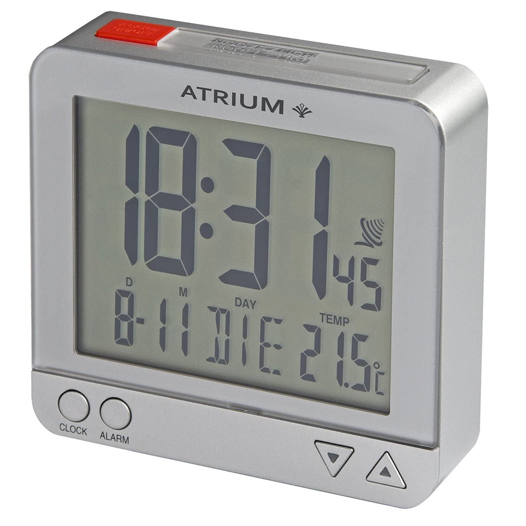 Atrium Funkwecker Reisewecker klein Digital Quarz LCD sensorgesteuertes Nachtlicht Beleuchtung Silbe