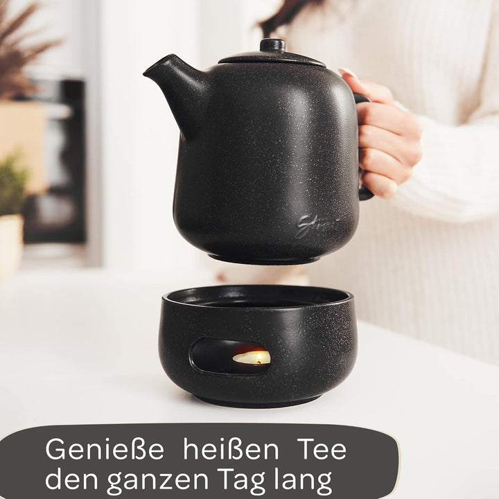 STEINZEIT Design Teekanne mit Stövchen (1,3L) – mit Siebeinsatz aus rostfreiem 304 Edelstahl – Keram