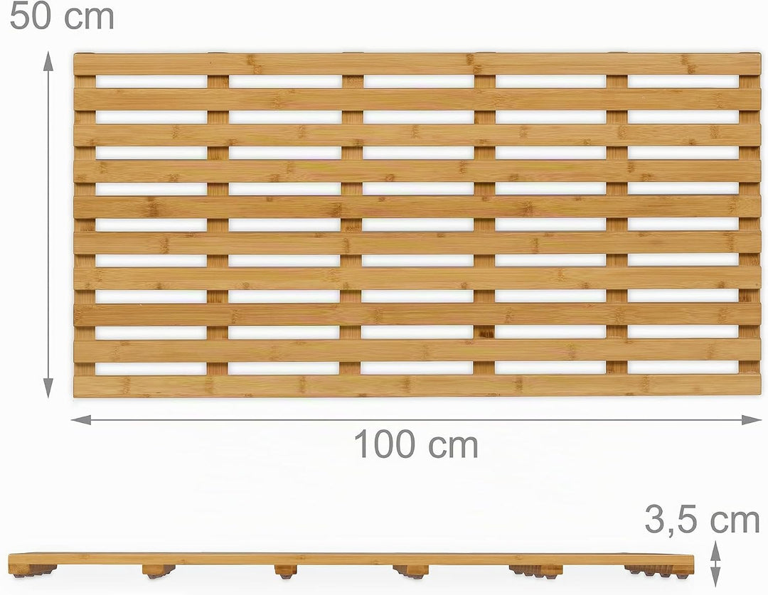 Relaxdays Bambus Badematte, 100 x 50 cm, rutschfeste Duschmatte für Badewanne, Dusche, Sauna, Indoor