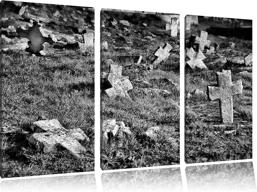 Pixxprint Friedhof schwarz weiss als Leinwandbild | Grösse: 3 Teilig (120x80) | Wandbild| Kunstdruck