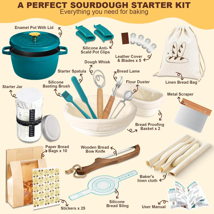 NZQXJXZ 5.7L Sauerteig Starter Set mit Gusseisen Topf Brot Backen und Gärkorb, Emaillierter Brotback
