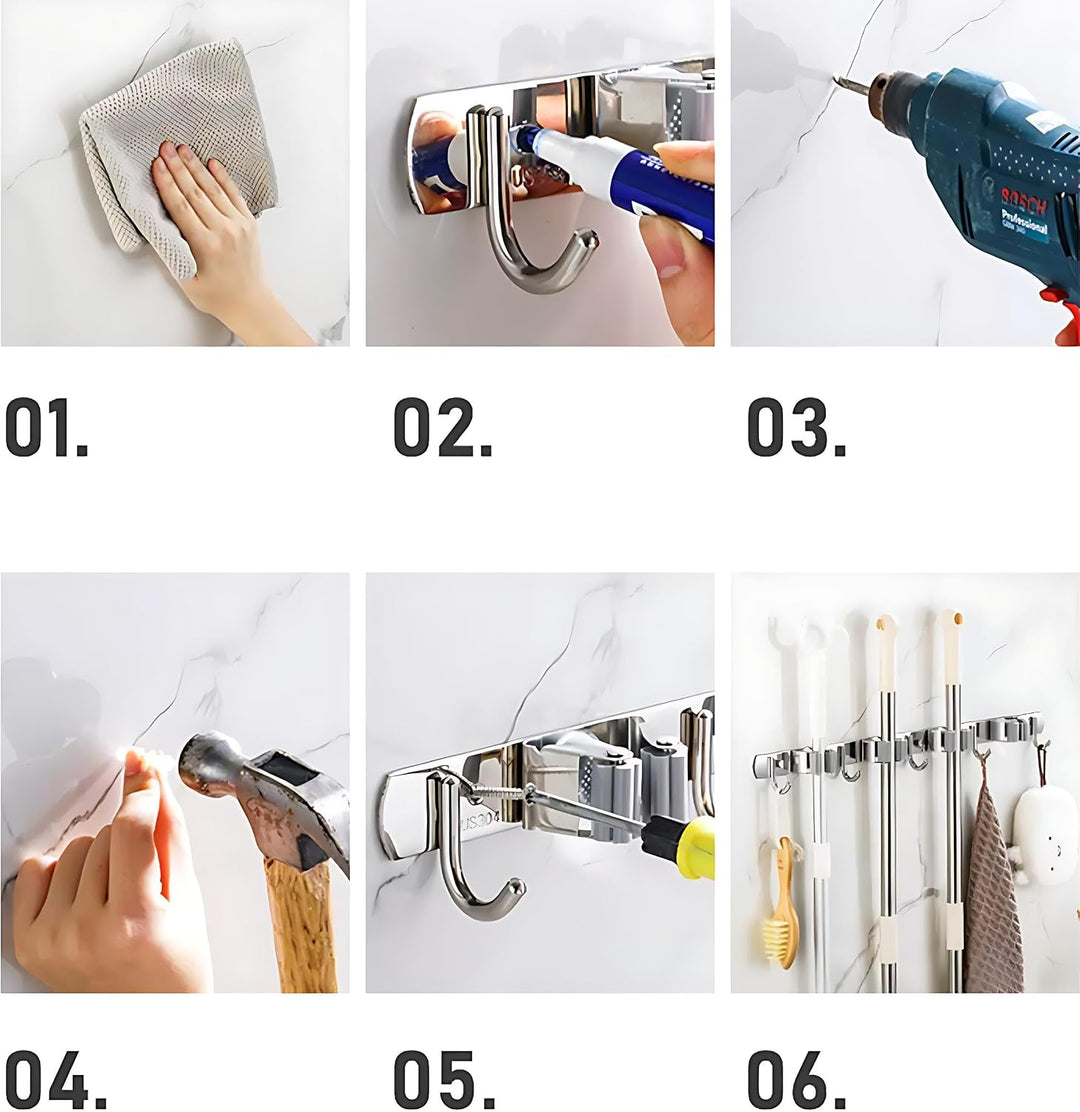 AMSAMOTION Besenhalterung Wand, 5 Halter + 4 Haken Schwarz Schwerlast Gerätehalter Selbstklebend, Be