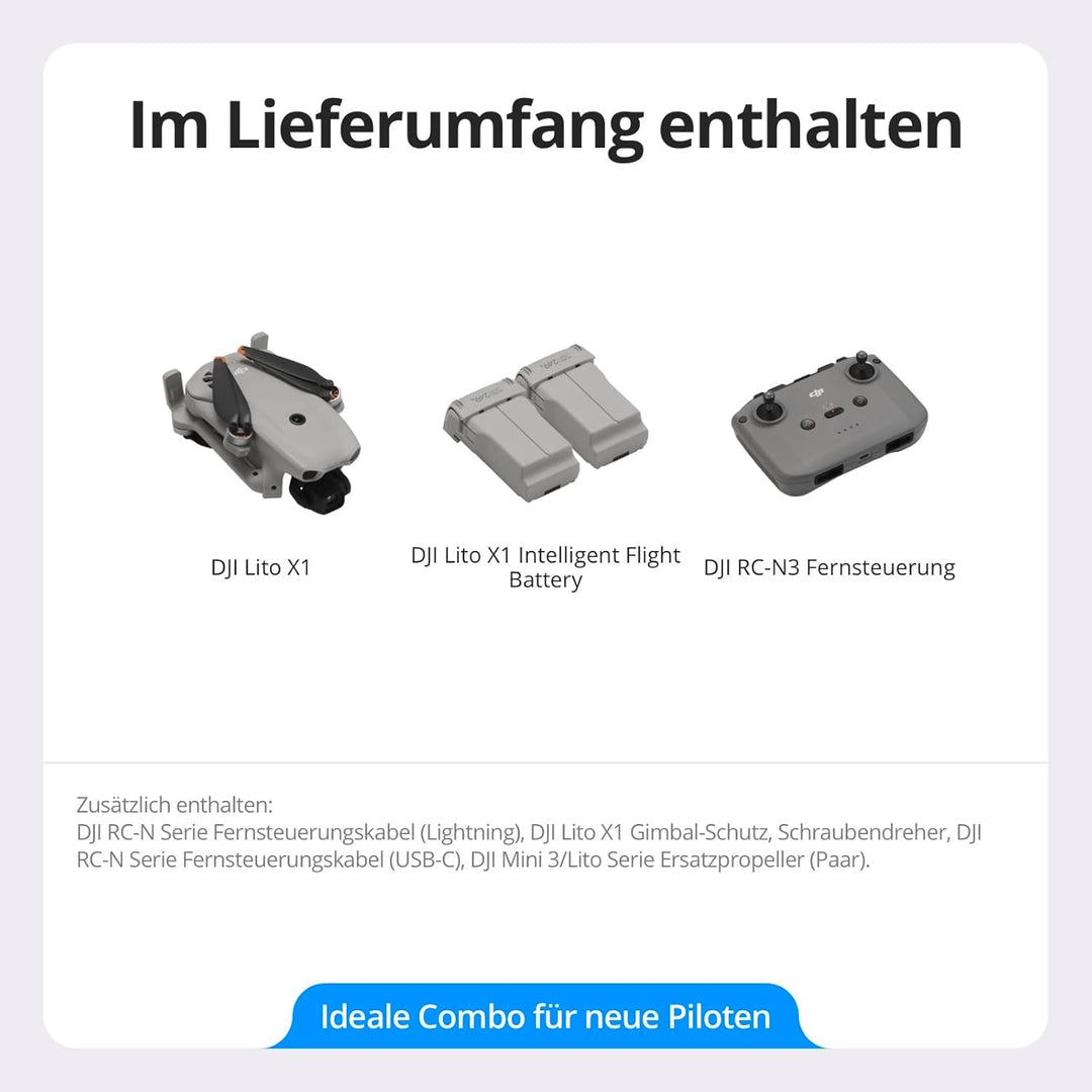 DJI Lito X1 Combo mit zwei Akkus & DJI RC-N3, 4K Kameradrohne für Einsteiger, Hinderniserkennung, Ac