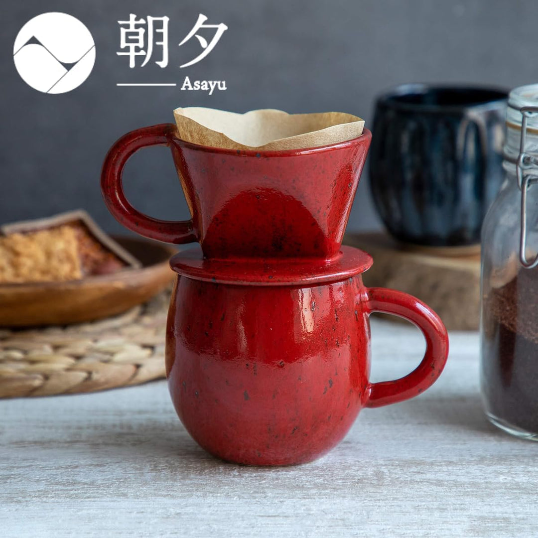 Asayu Japan Keramik Kaffeeaufguss-Set in Chrom Rot mit Papierfilterhalterung und Dripper mit 3 Löche