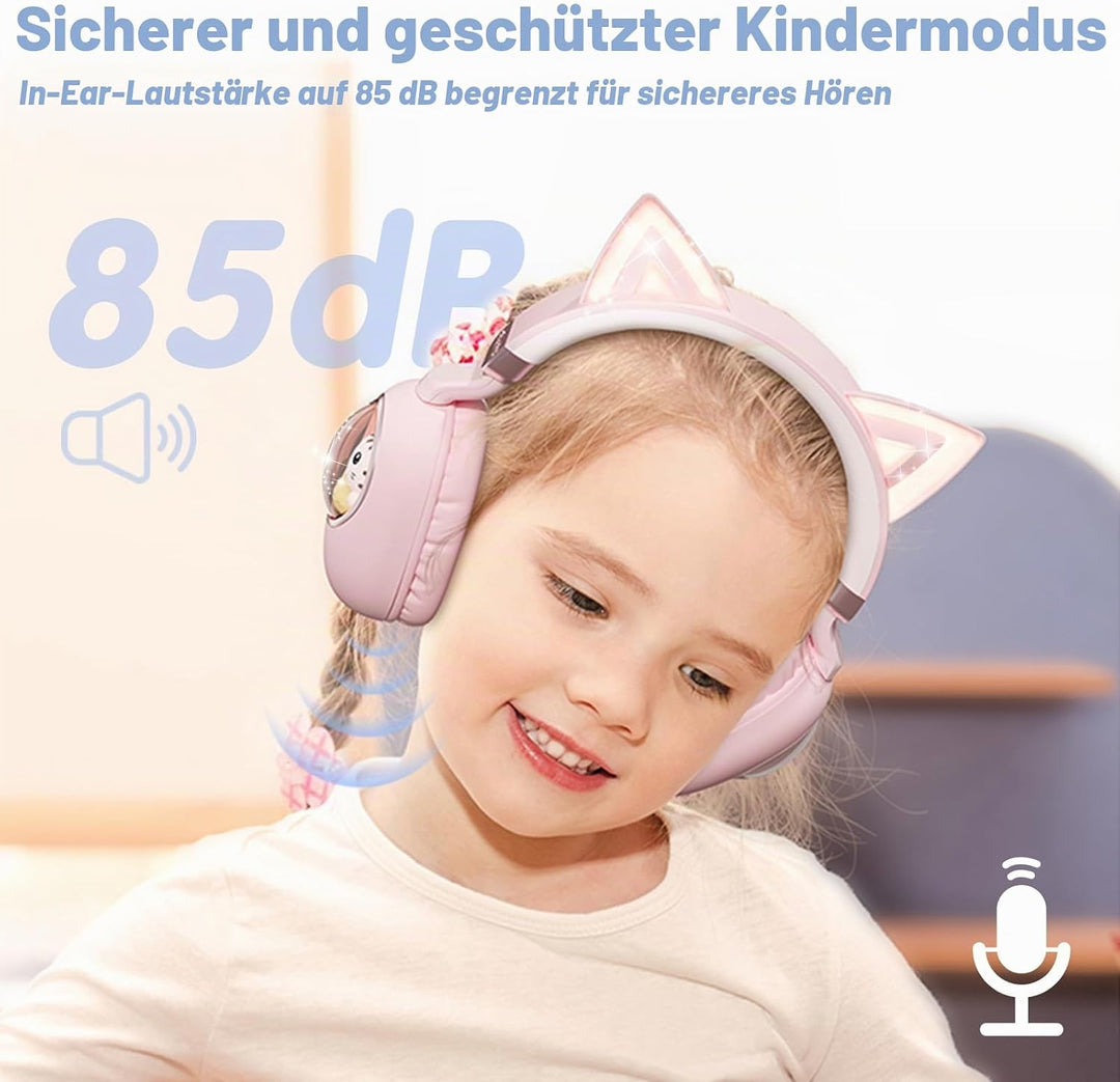 Kinder Kopfhörer mit Katzenohren, Bluetooth 5.4 Over-Ear Noise Cancelling Kopfhörer mit Mikrofon, LE