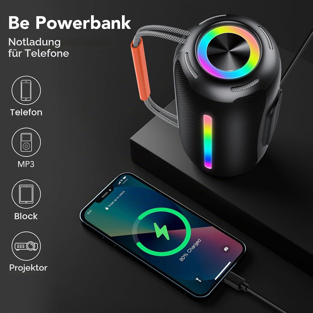 Tragbarer Bluetooth Lautsprecher mit Griff, 40W Leistungsstarker Musikbox mit Dualen Bass-Treibern,